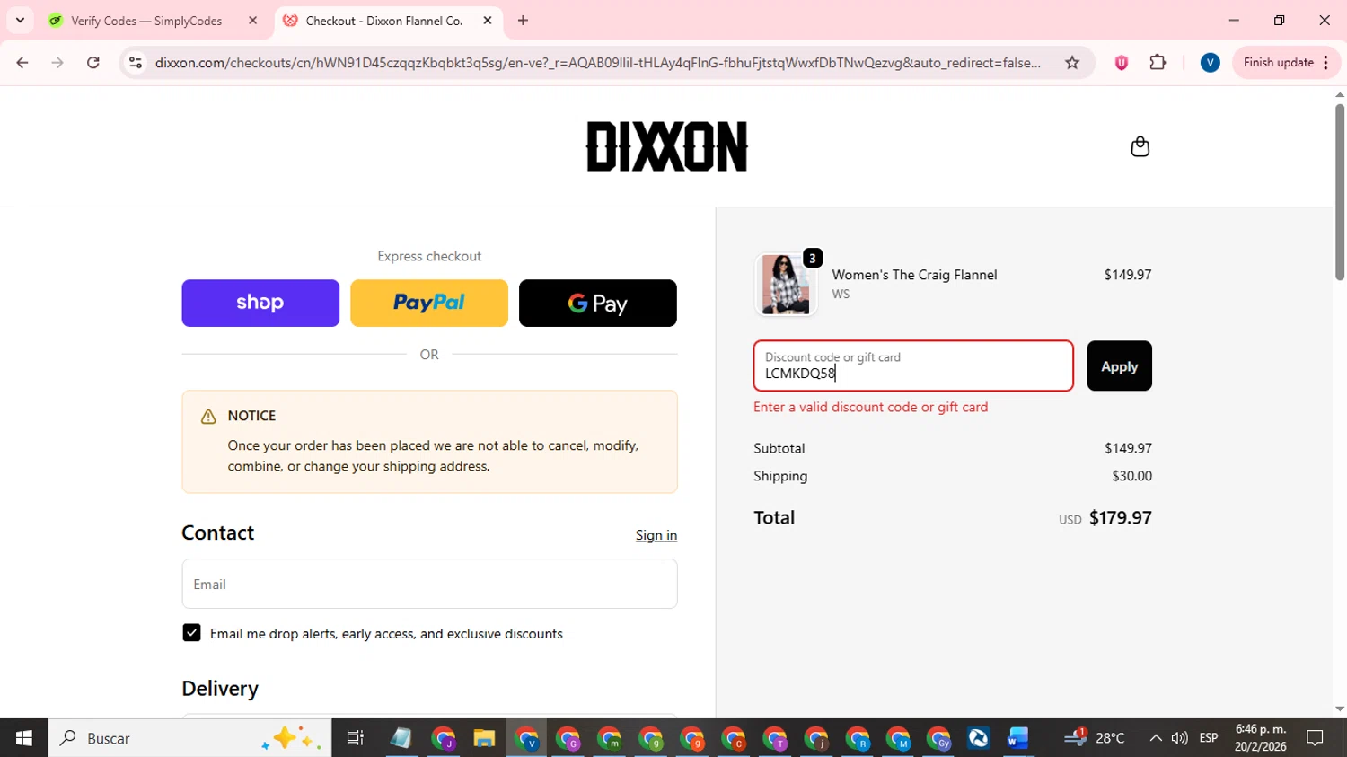Dixxon Flannel promo code screenshot showing code LCMKDQ58 applied at Dixxon Flannel checkout page. Uploaded by SimplyCodes community member CrownTitan5376 on Feb 20, 2026