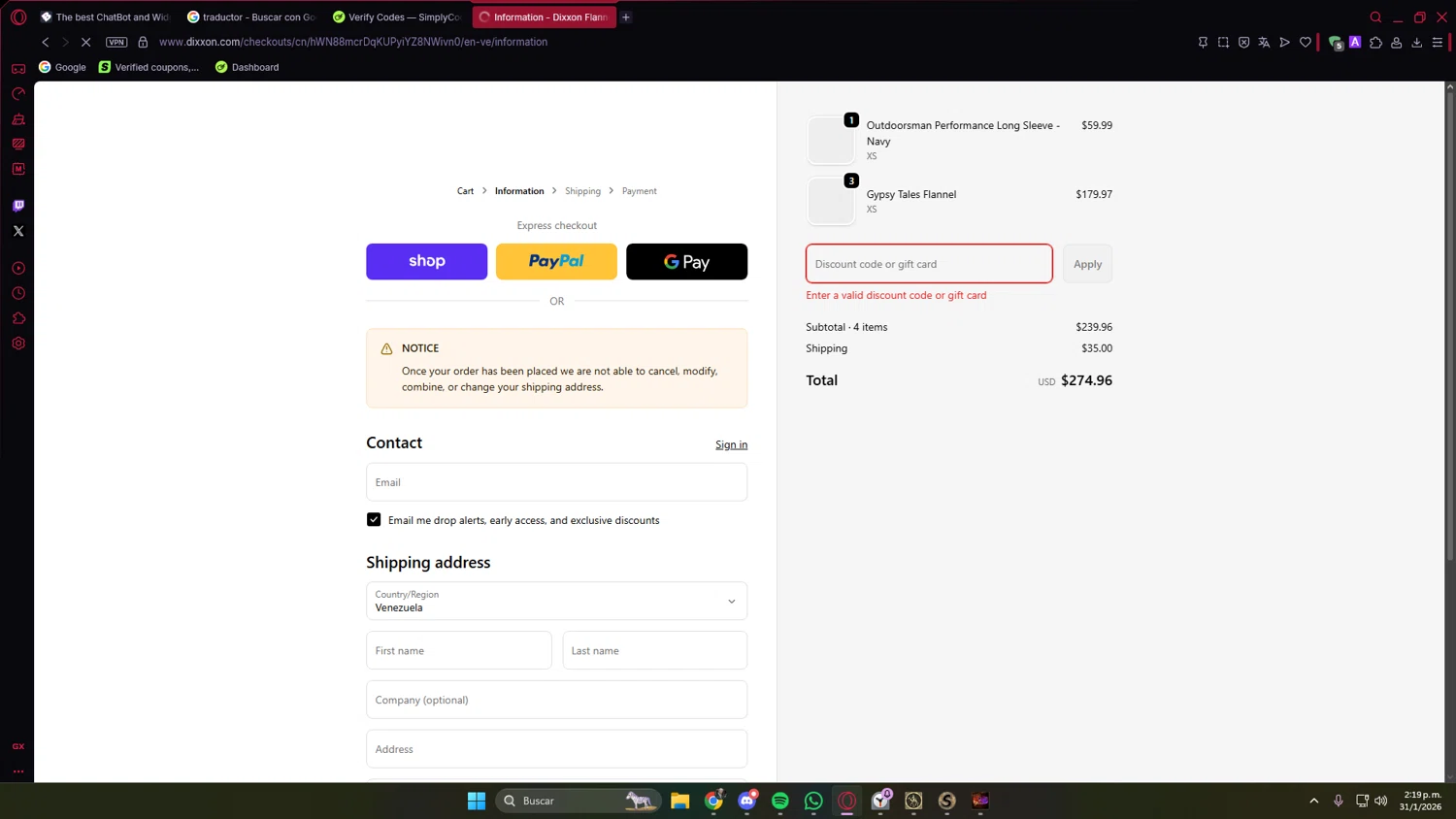 Dixxon Flannel promo code screenshot showing code LCMKDQ58 applied at Dixxon Flannel checkout page. Uploaded by SimplyCodes community member PrimeVirtuoso9679 on Jan 31, 2026