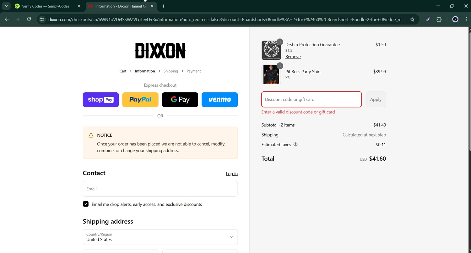 Dixxon Flannel discount code screenshot showing code AZBW25 applied at Dixxon Flannel checkout page. Uploaded by SimplyCodes community member Bernard_Lowe on Aug 15, 2025