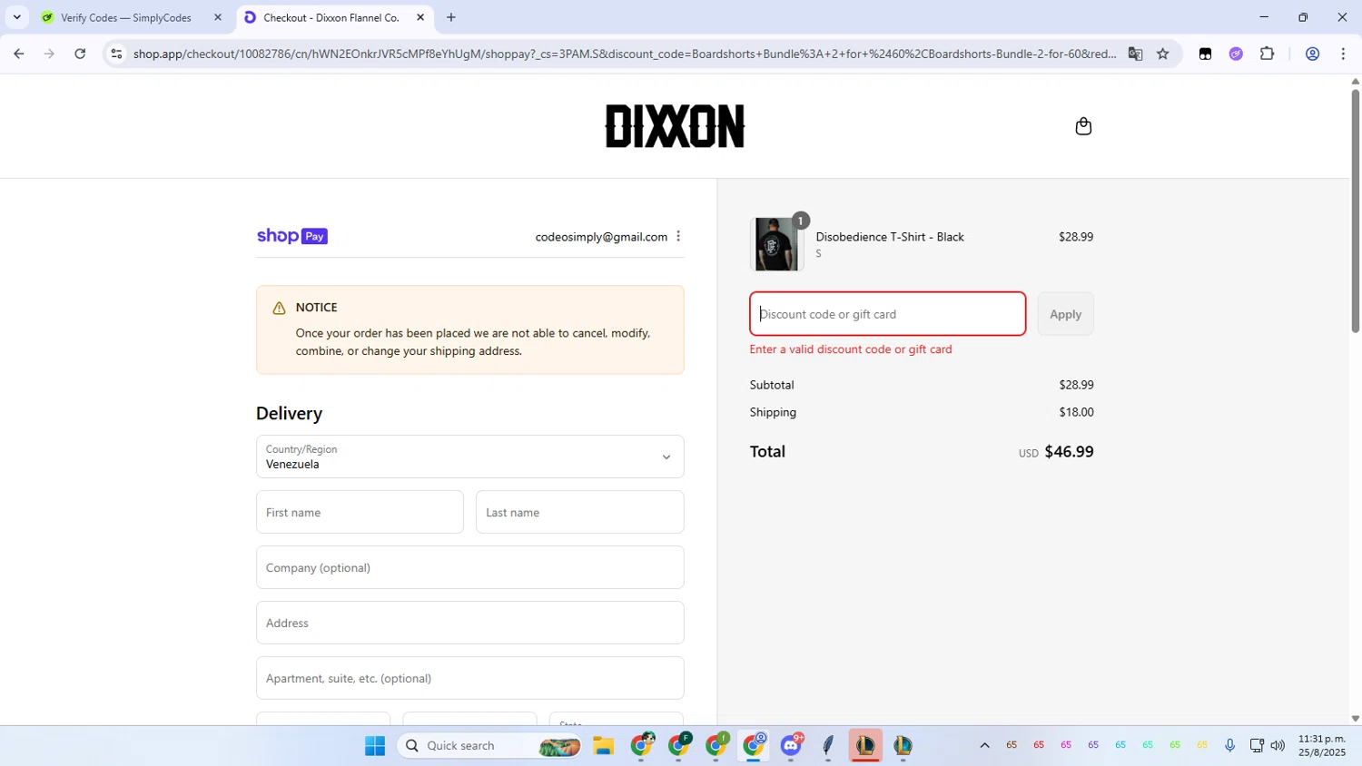 Dixxon Flannel discount code screenshot showing code AZBW25 applied at Dixxon Flannel checkout page. Uploaded by SimplyCodes community member VictoriousVoyager896 on Aug 26, 2025
