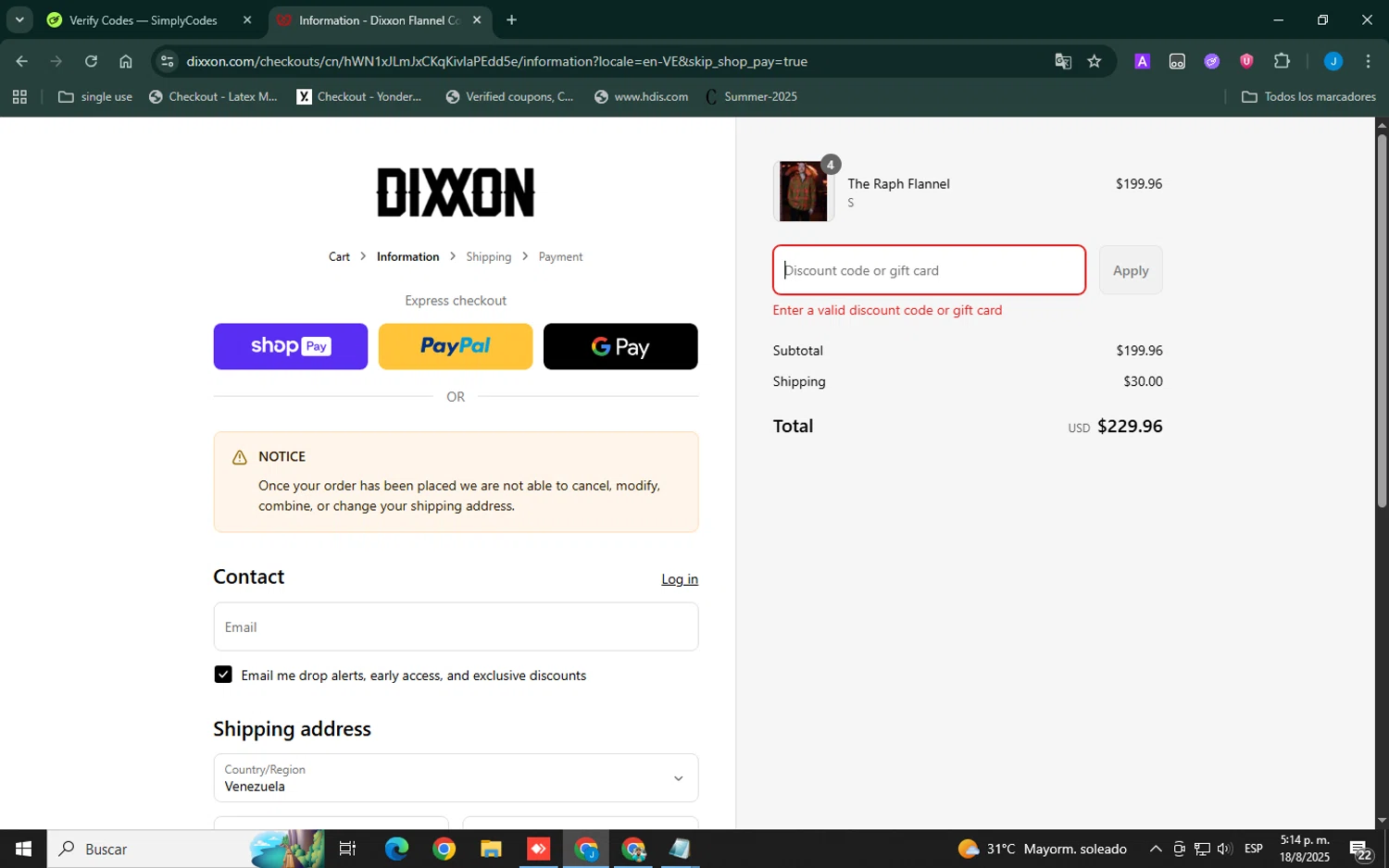 Dixxon Flannel discount code screenshot showing code AZBW25 applied at Dixxon Flannel checkout page. Uploaded by SimplyCodes community member Xemocodes on Aug 18, 2025