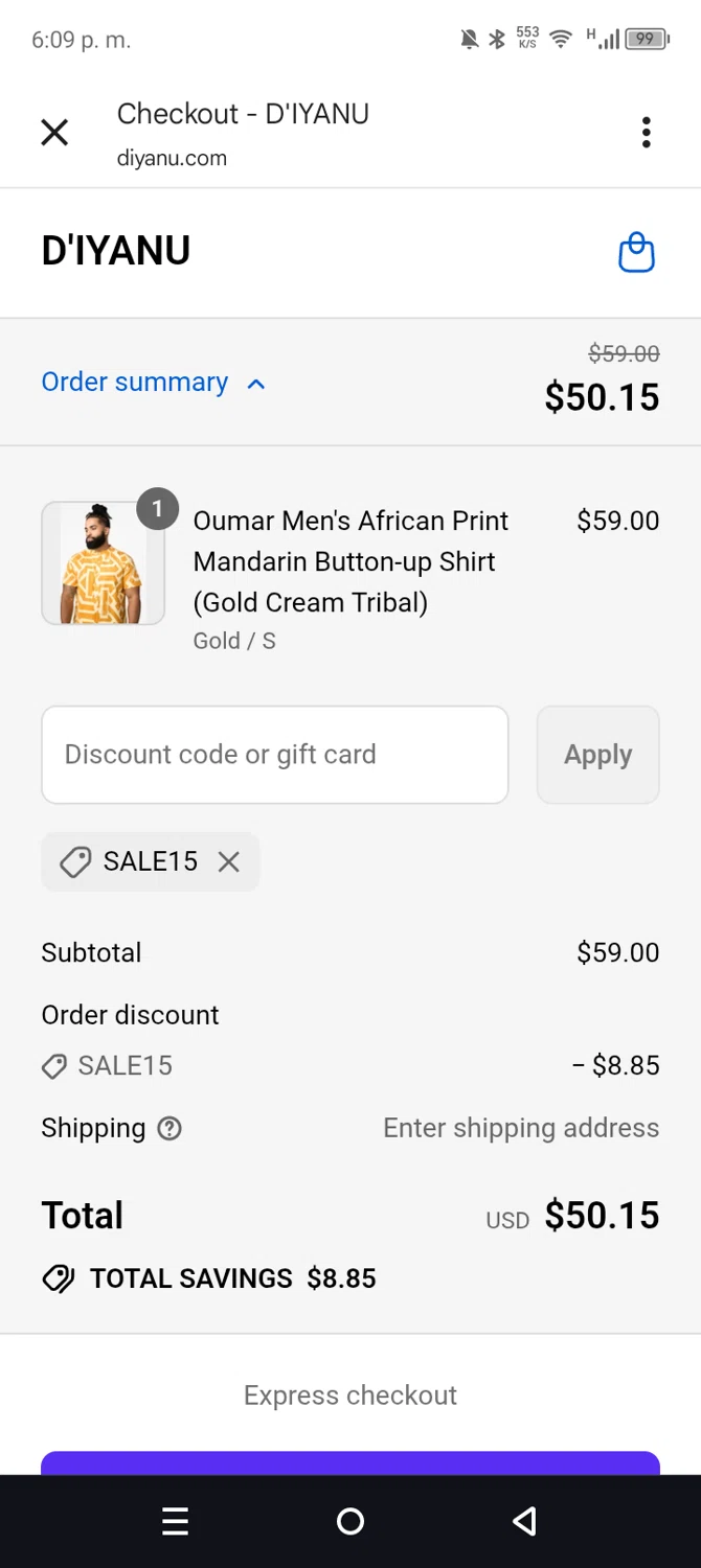 D'iyanu coupon code screenshot showing code sale15 applied at D'iyanu checkout page. Uploaded by SimplyCodes community member leiraM on Aug 28, 2025
