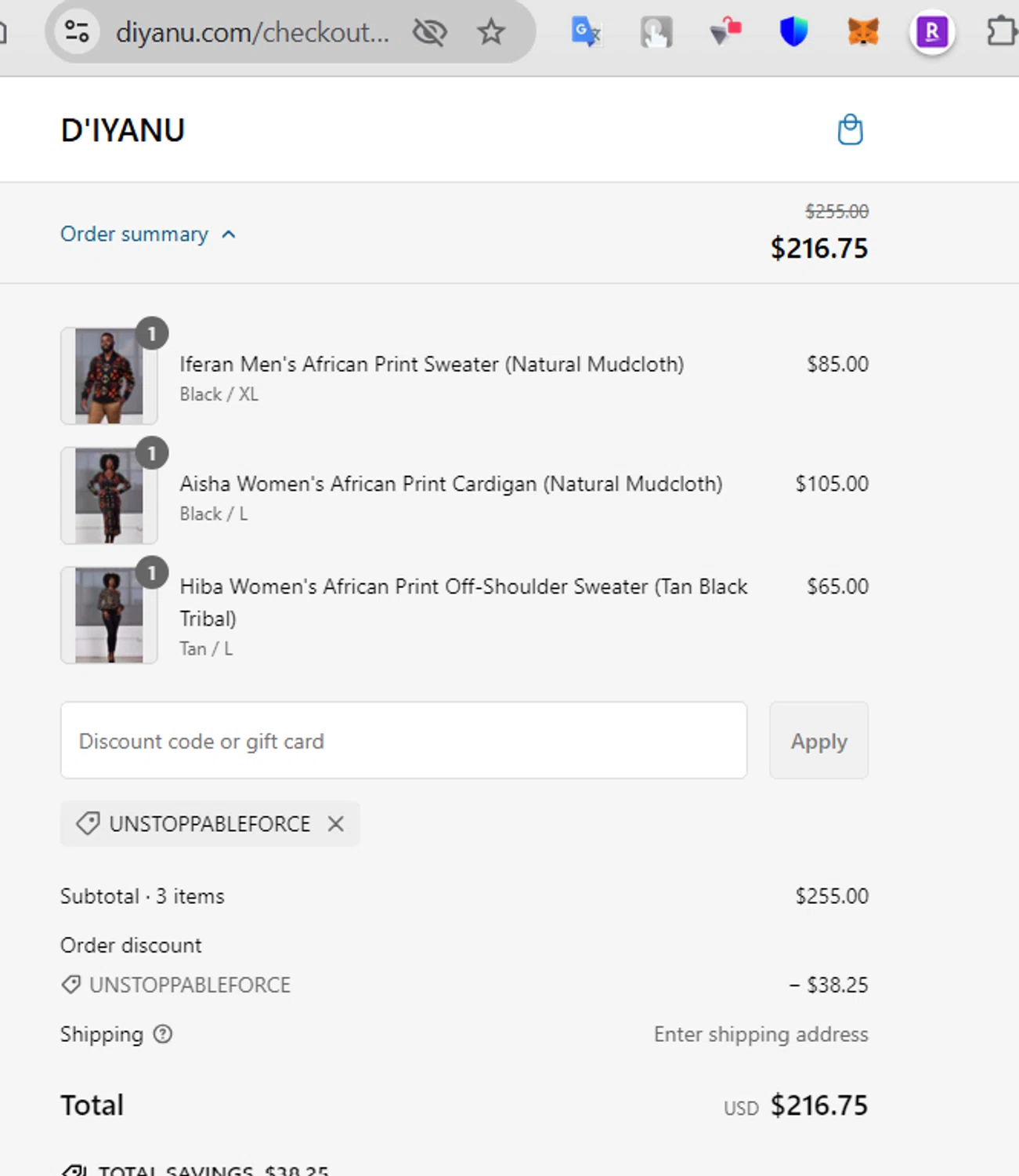 D'iyanu coupon code screenshot showing code UNSTOPPABLEFORCE applied at D'iyanu checkout page. Uploaded by SimplyCodes community member LaCalix3000 on Feb 6, 2025