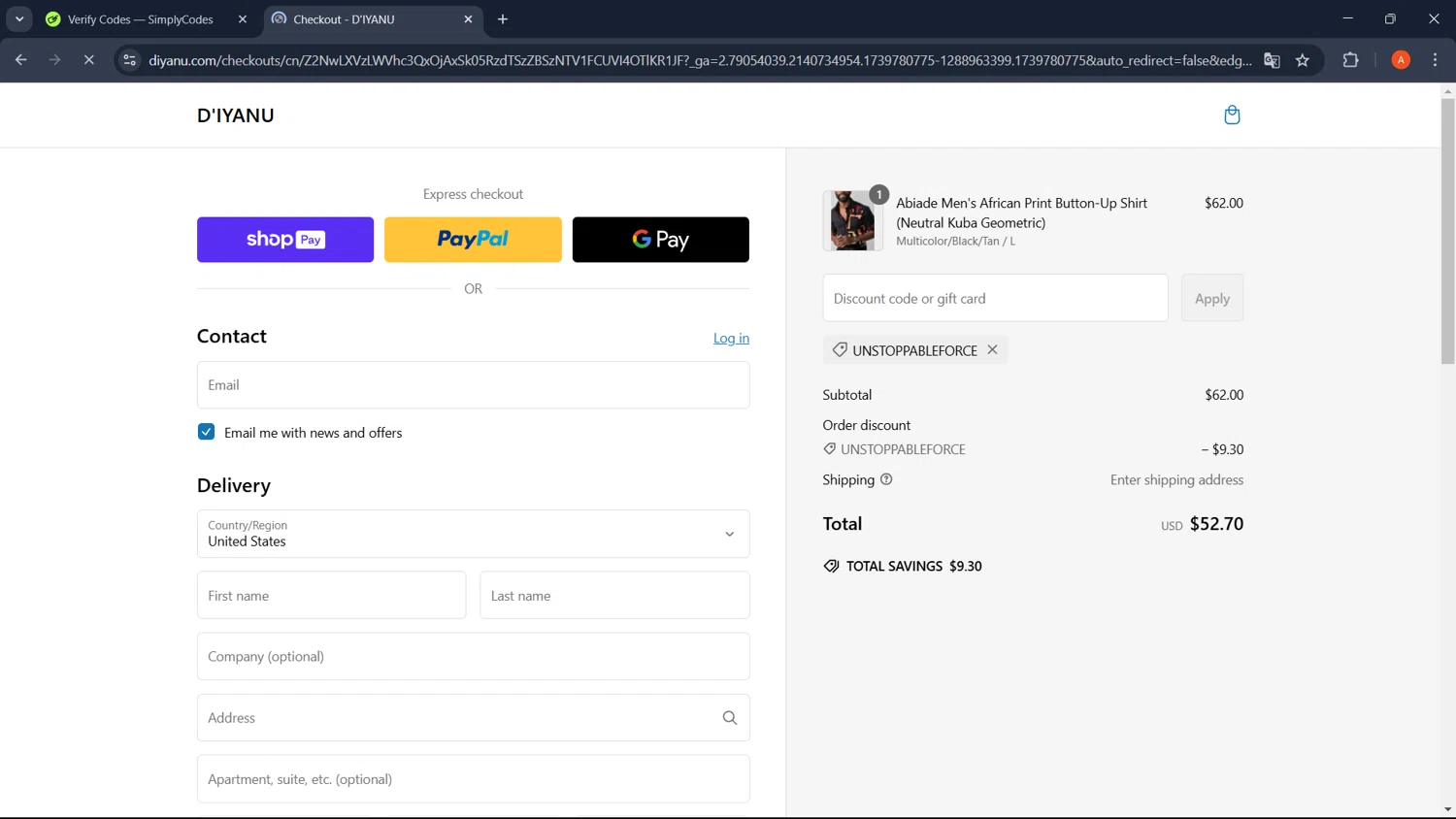 D'iyanu coupon code screenshot showing code UNSTOPPABLEFORCE applied at D'iyanu checkout page. Uploaded by SimplyCodes community member GoldChaser2970 on Feb 17, 2025