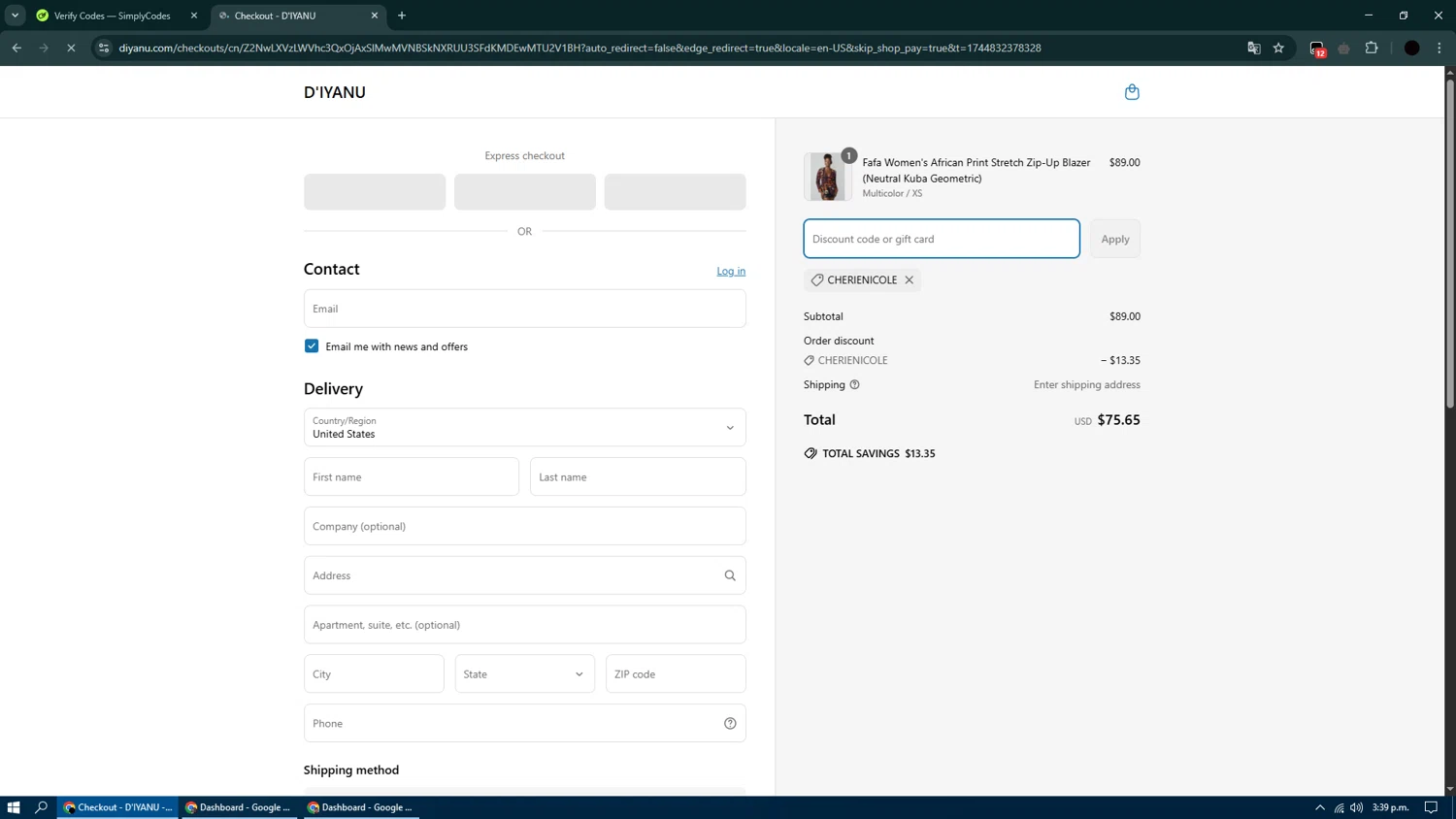 D'iyanu coupon code screenshot showing code CherieNicole applied at D'iyanu checkout page. Uploaded by SimplyCodes community member DennyG on Apr 16, 2025