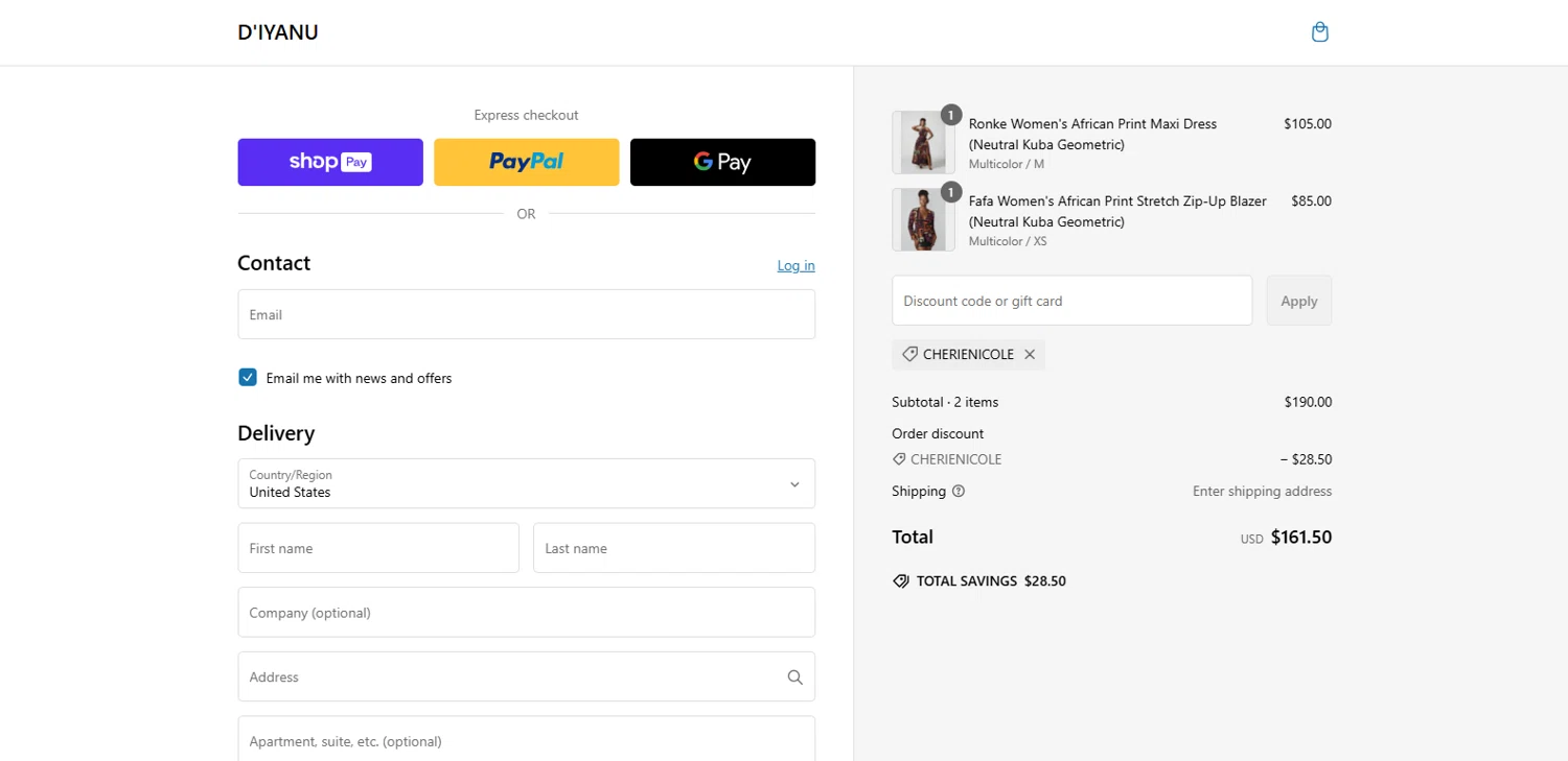 D'iyanu coupon code screenshot showing code CherieNicole applied at D'iyanu checkout page. Uploaded by SimplyCodes community member CodePioneer3651 on Feb 6, 2025