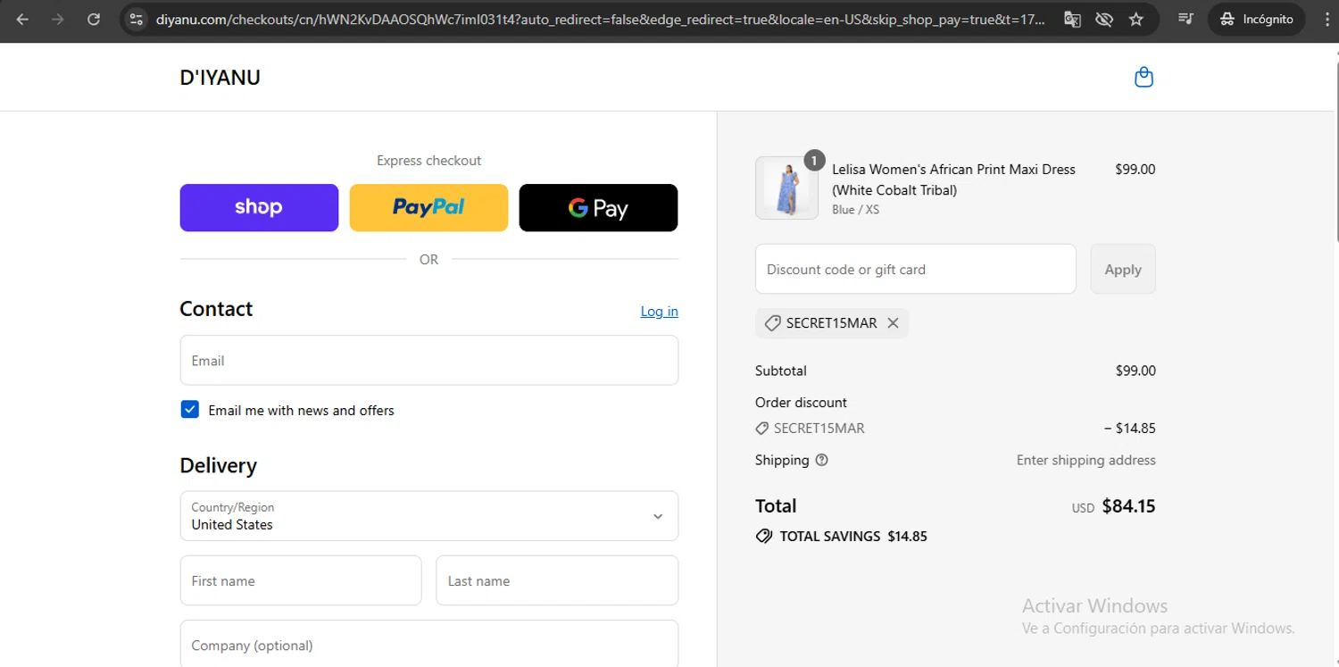 D'iyanu coupon code screenshot showing code SECRET15MAR applied at D'iyanu checkout page. Uploaded by SimplyCodes community member UchihaMadara on Aug 28, 2025