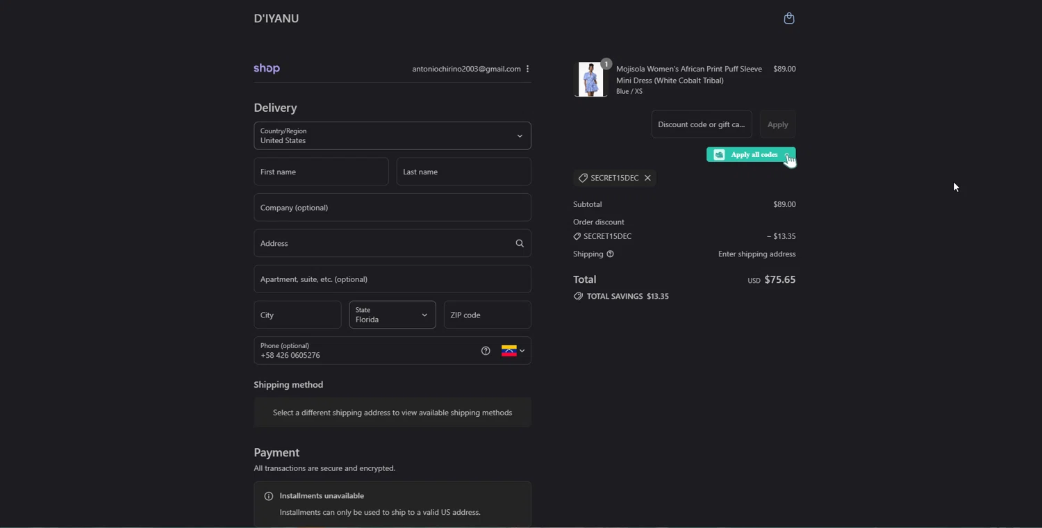 D'iyanu coupon code screenshot showing code SECRET15DEC applied at D'iyanu checkout page. Uploaded by SimplyCodes community member johnnybravo on Aug 28, 2025