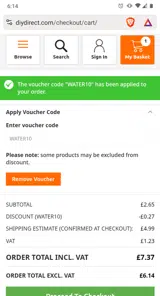 WATER10 coupon verification screenshot