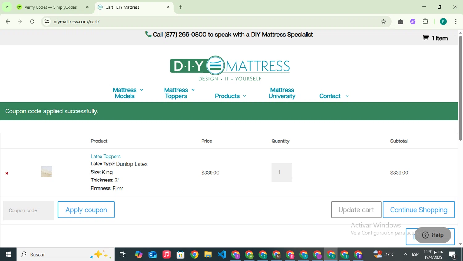 DIY Mattress promo code screenshot showing code mug300 applied at DIY Mattress checkout page. Uploaded by SimplyCodes community member SavingsLegend387 on Apr 20, 2025