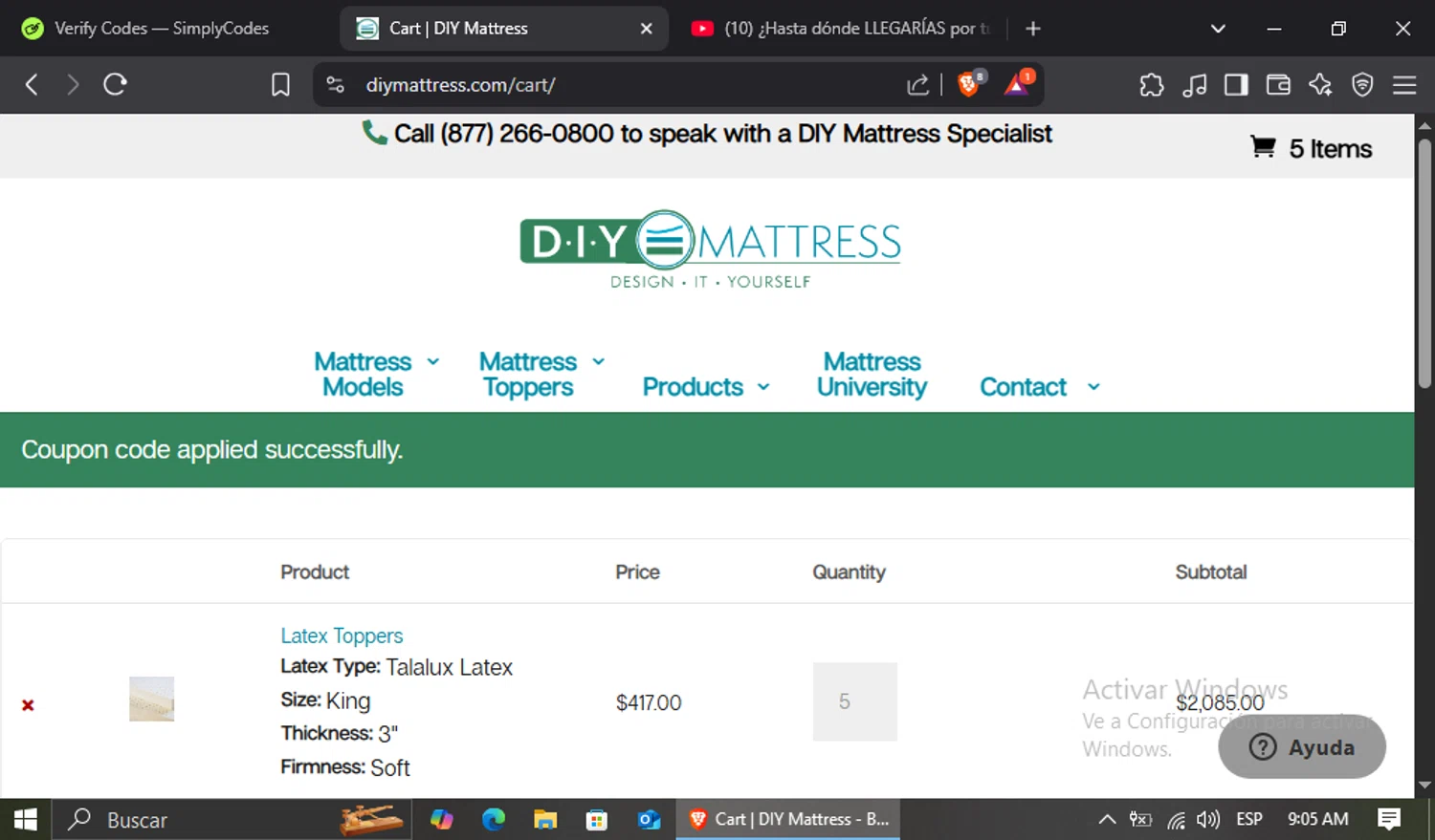 DIY Mattress promo code screenshot showing code mug300 applied at DIY Mattress checkout page. Uploaded by SimplyCodes community member jairinho on Apr 27, 2025