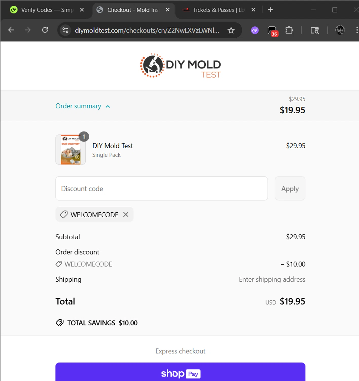 DIY Mold Test promo code screenshot showing code WELCOMECODE applied at DIY Mold Test checkout page. Uploaded by SimplyCodes community member ArizaJesus on Jun 14, 2025