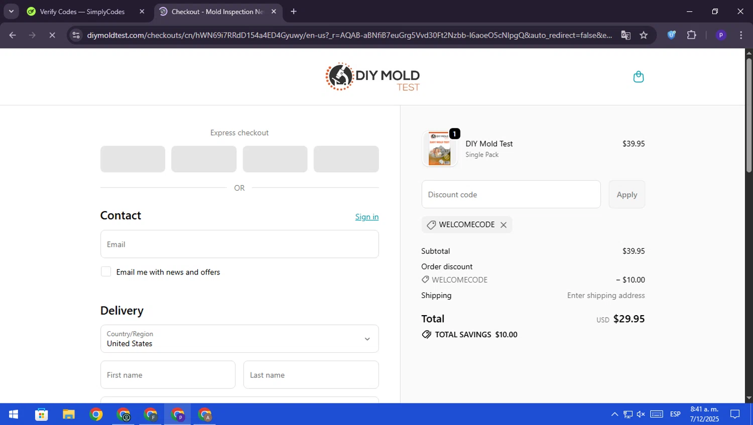 DIY Mold Test promo code screenshot showing code WELCOMECODE applied at DIY Mold Test checkout page. Uploaded by SimplyCodes community member RebateScout6612 on Dec 7, 2025