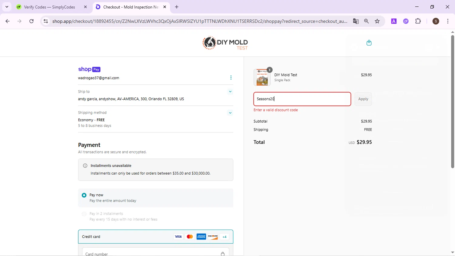 DIY Mold Test promo code screenshot showing code Seasons20 applied at DIY Mold Test checkout page. Uploaded by SimplyCodes community member QuestPhoenix2794 on May 9, 2025