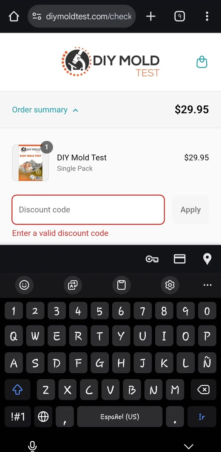 DIY Mold Test promo code screenshot showing code Seasons20 applied at DIY Mold Test checkout page. Uploaded by SimplyCodes community member CleverLynx5188 on May 9, 2025
