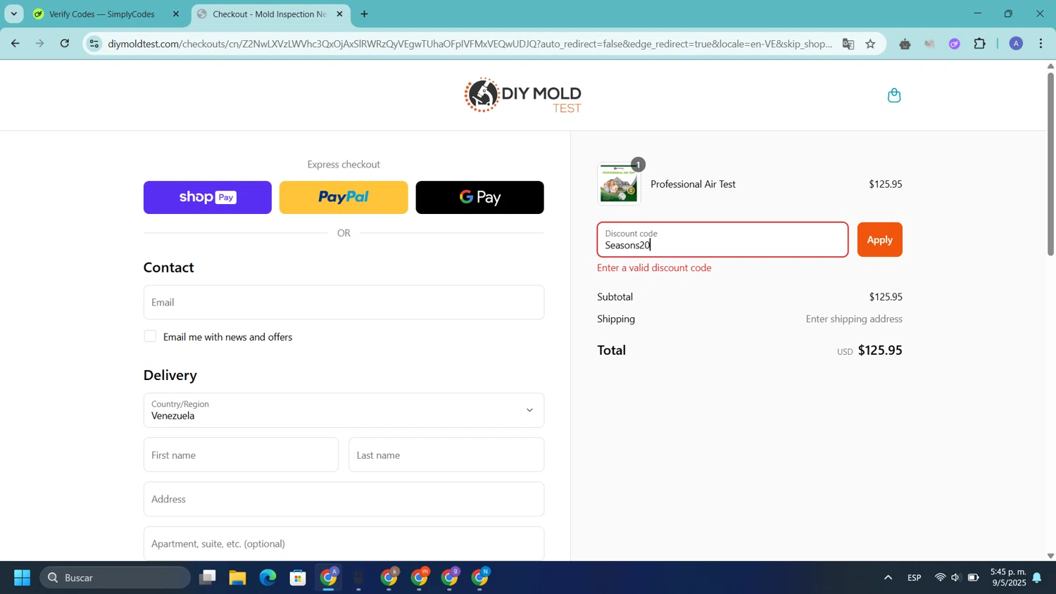 DIY Mold Test promo code screenshot showing code Seasons20 applied at DIY Mold Test checkout page. Uploaded by SimplyCodes community member DealLion9675 on May 9, 2025