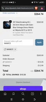 DIY WATCH CLUB coupon verification screenshot