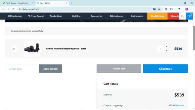 DJ City checkout page showing DJ City promo code box | Screenshot taken by SimplyCodes community member on Aug 6, 2025