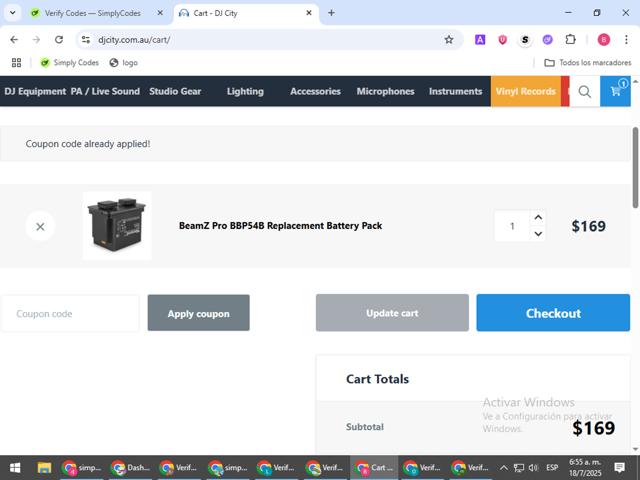 DJ City checkout page showing DJ City promo code box | Screenshot taken by SimplyCodes community member on Jul 18, 2025