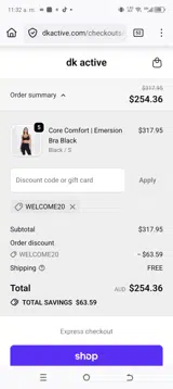 WELCOME20 coupon verification screenshot