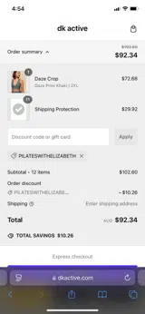 PILATESWITHELIZABETH coupon verification screenshot