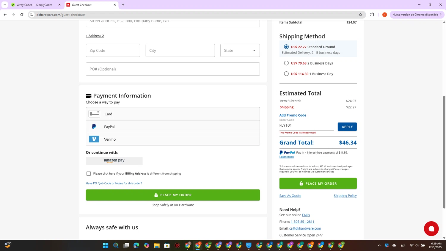 DK Hardware Supply promo code screenshot showing code FLY101 applied at DK Hardware Supply checkout page. Uploaded by SimplyCodes community member DealVirtuoso2241 on Dec 3, 2025
