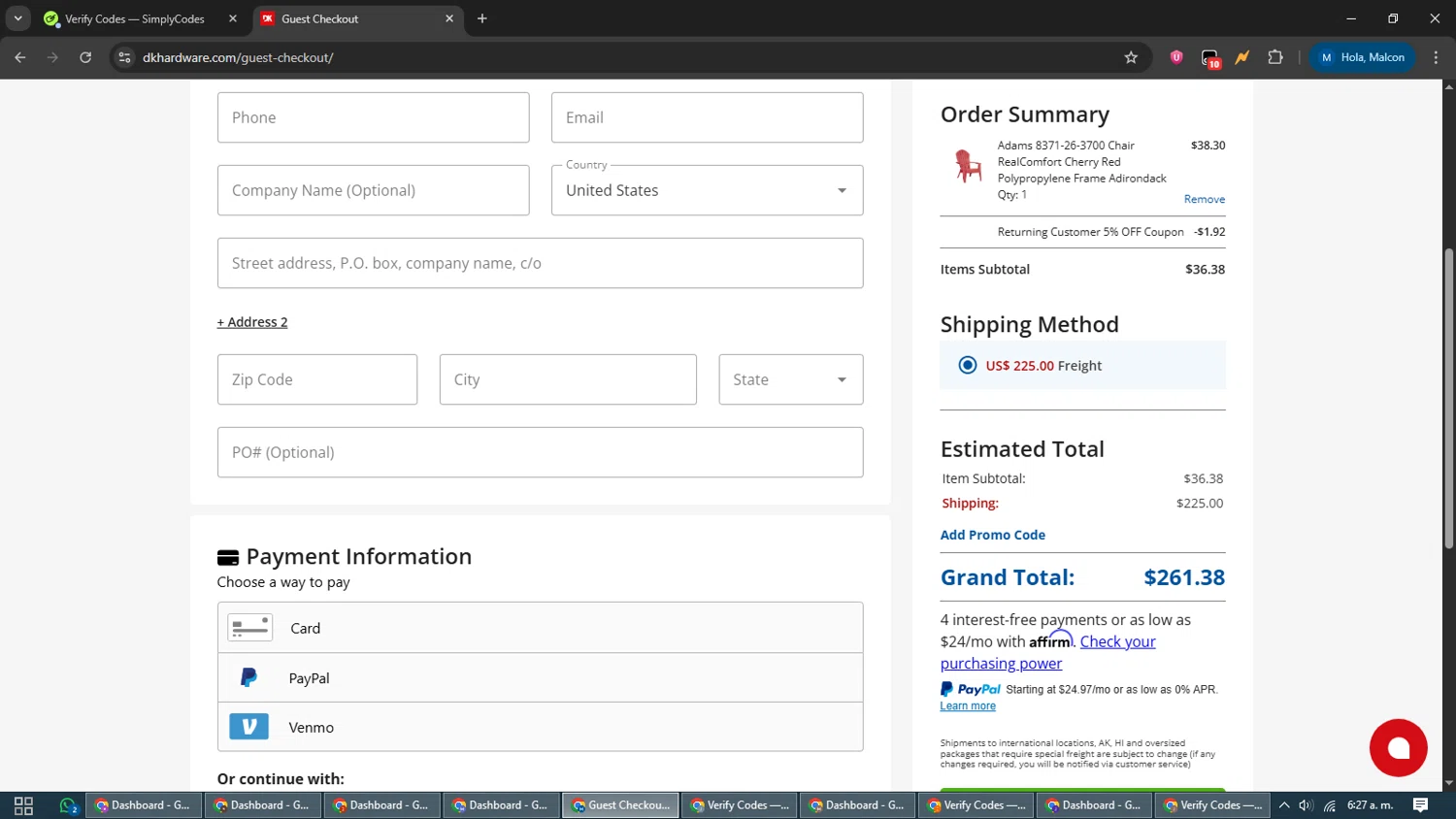 DK Hardware Supply promo code screenshot showing code FLY101 applied at DK Hardware Supply checkout page. Uploaded by SimplyCodes community member EpicVoyager2820 on Dec 3, 2025