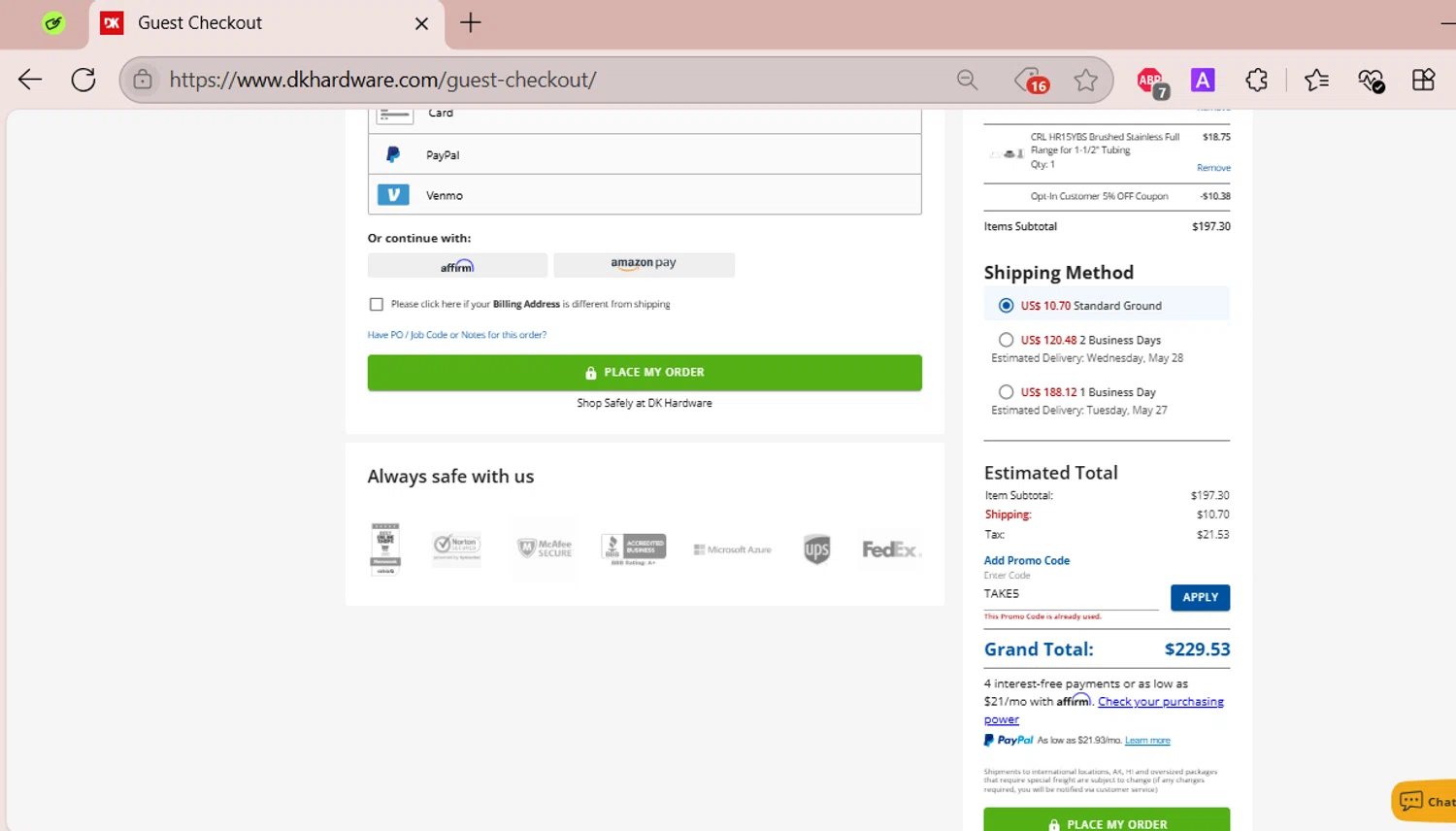 DK Hardware Supply promo code screenshot showing code TAKE5 applied at DK Hardware Supply checkout page. Uploaded by SimplyCodes community member EpicSpotter6525 on May 25, 2025