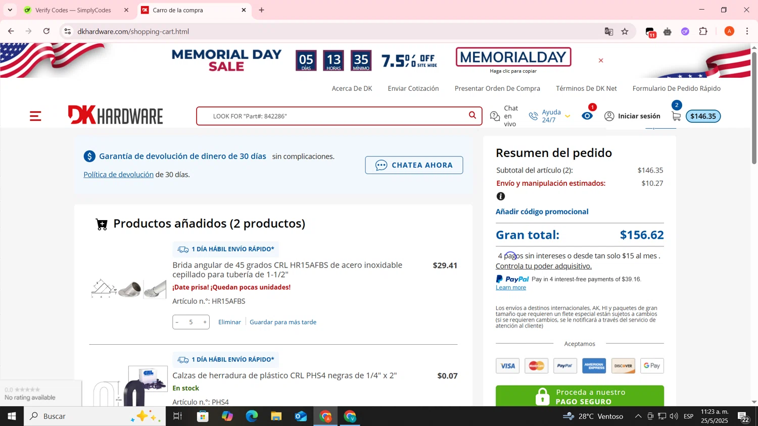 DK Hardware Supply promo code screenshot showing code TAKE5 applied at DK Hardware Supply checkout page. Uploaded by SimplyCodes community member FrugalSentinel6206 on May 25, 2025