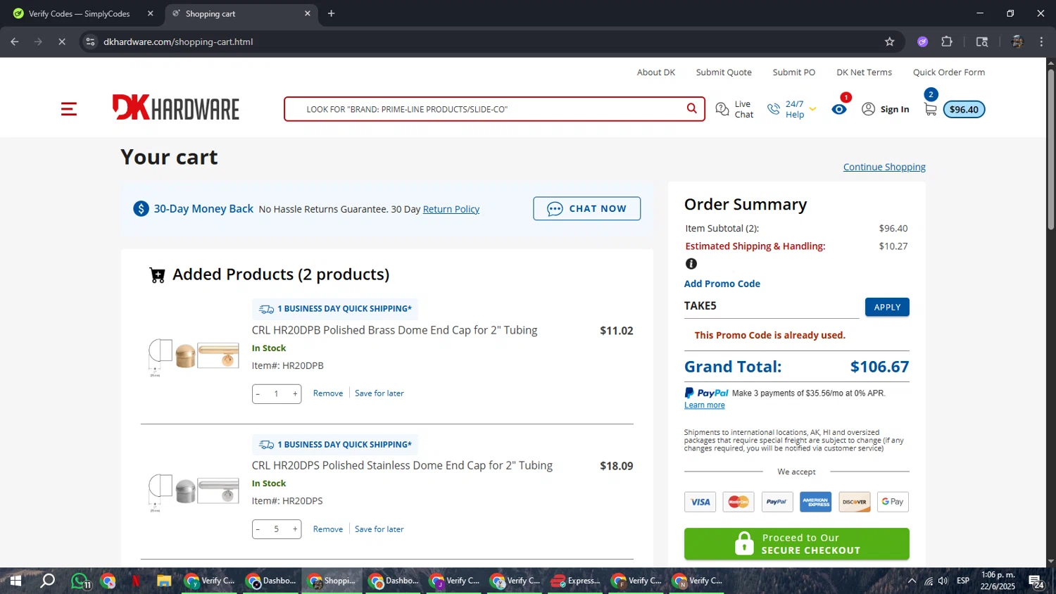 DK Hardware Supply promo code screenshot showing code TAKE5 applied at DK Hardware Supply checkout page. Uploaded by SimplyCodes community member xxdddd on Jun 22, 2025