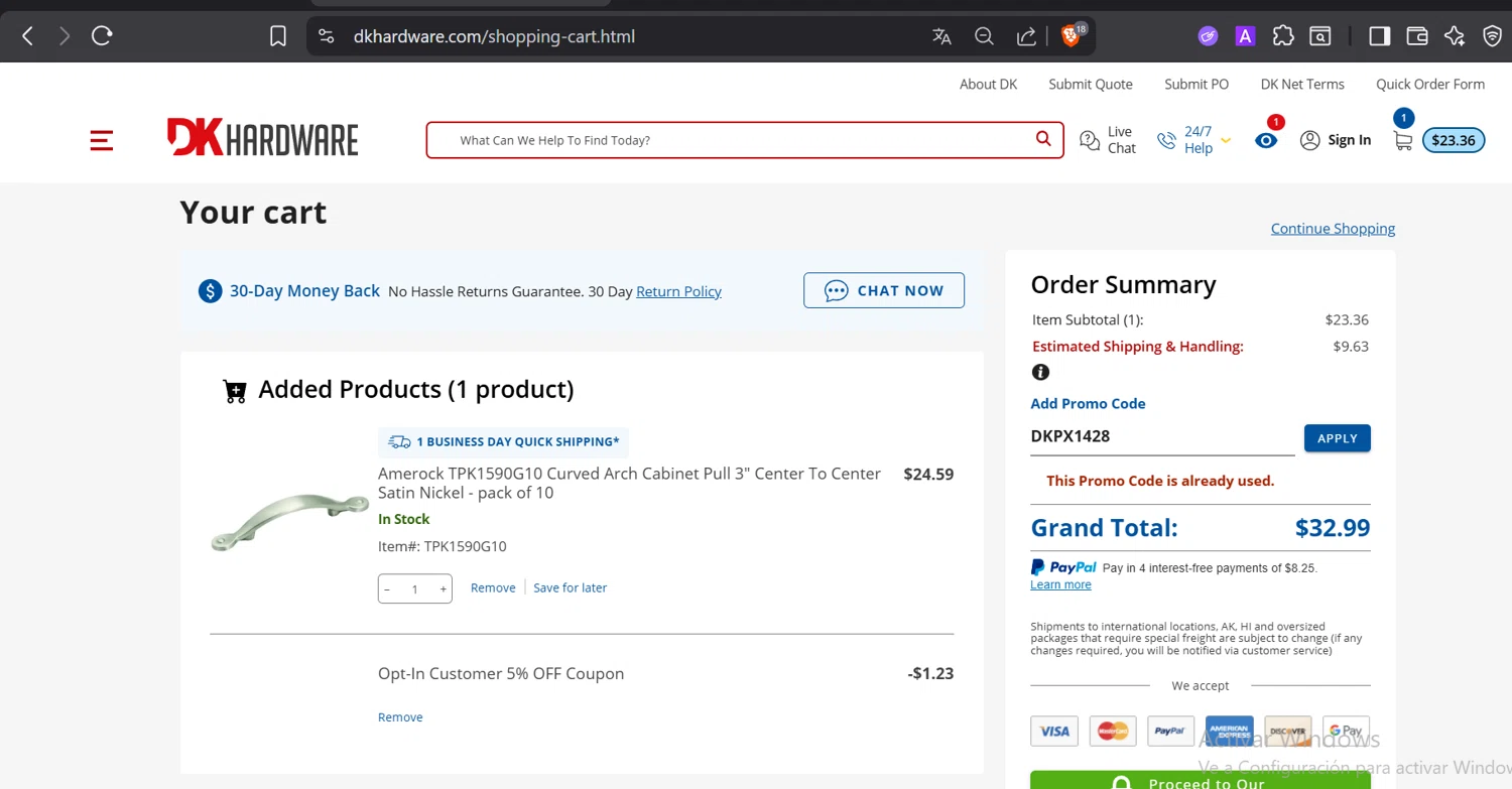 DK Hardware Supply promo code screenshot showing code DKPX1428 applied at DK Hardware Supply checkout page. Uploaded by SimplyCodes community member DiaCritics on Dec 20, 2025