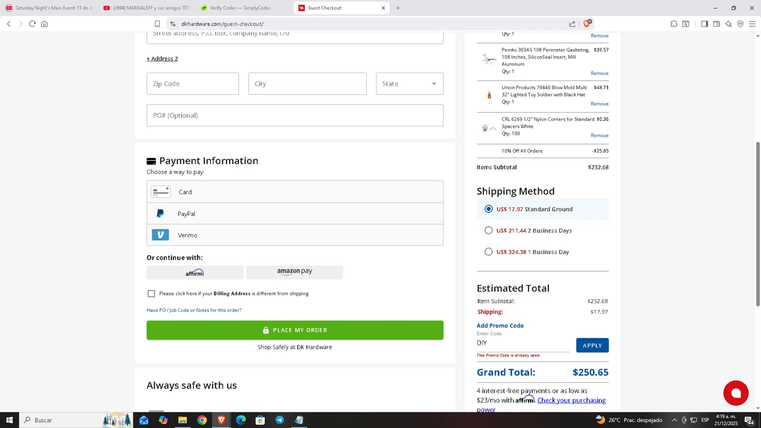 DK Hardware Supply promo code screenshot showing code DIY applied at DK Hardware Supply checkout page. Uploaded by SimplyCodes community member Carloscoder_900457733 on Dec 21, 2025