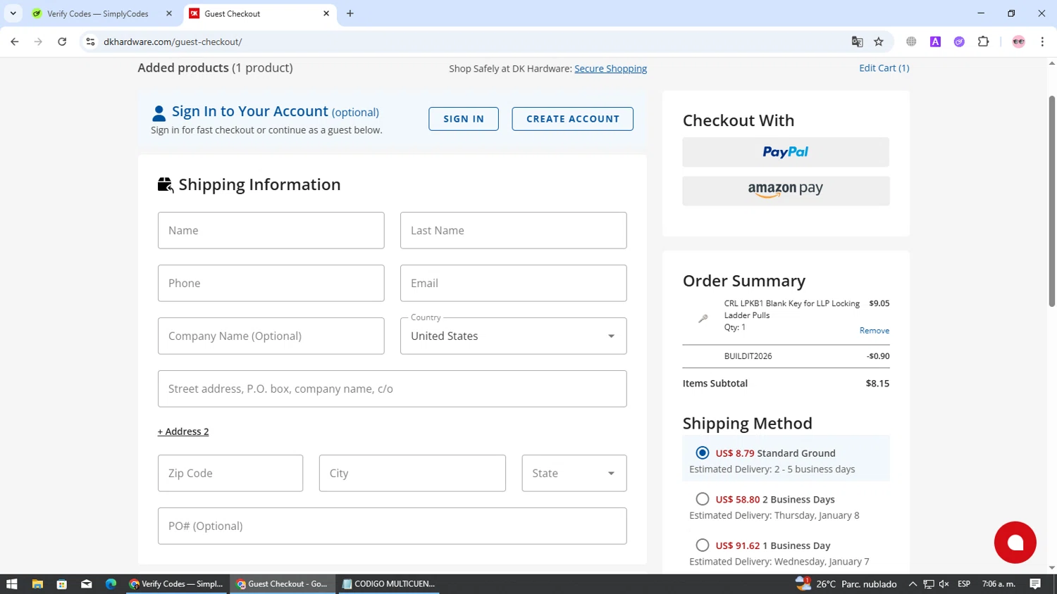 DK Hardware Supply checkout page showing DK Hardware Supply promo code box | Screenshot taken by SimplyCodes community member on Jan 6, 2026