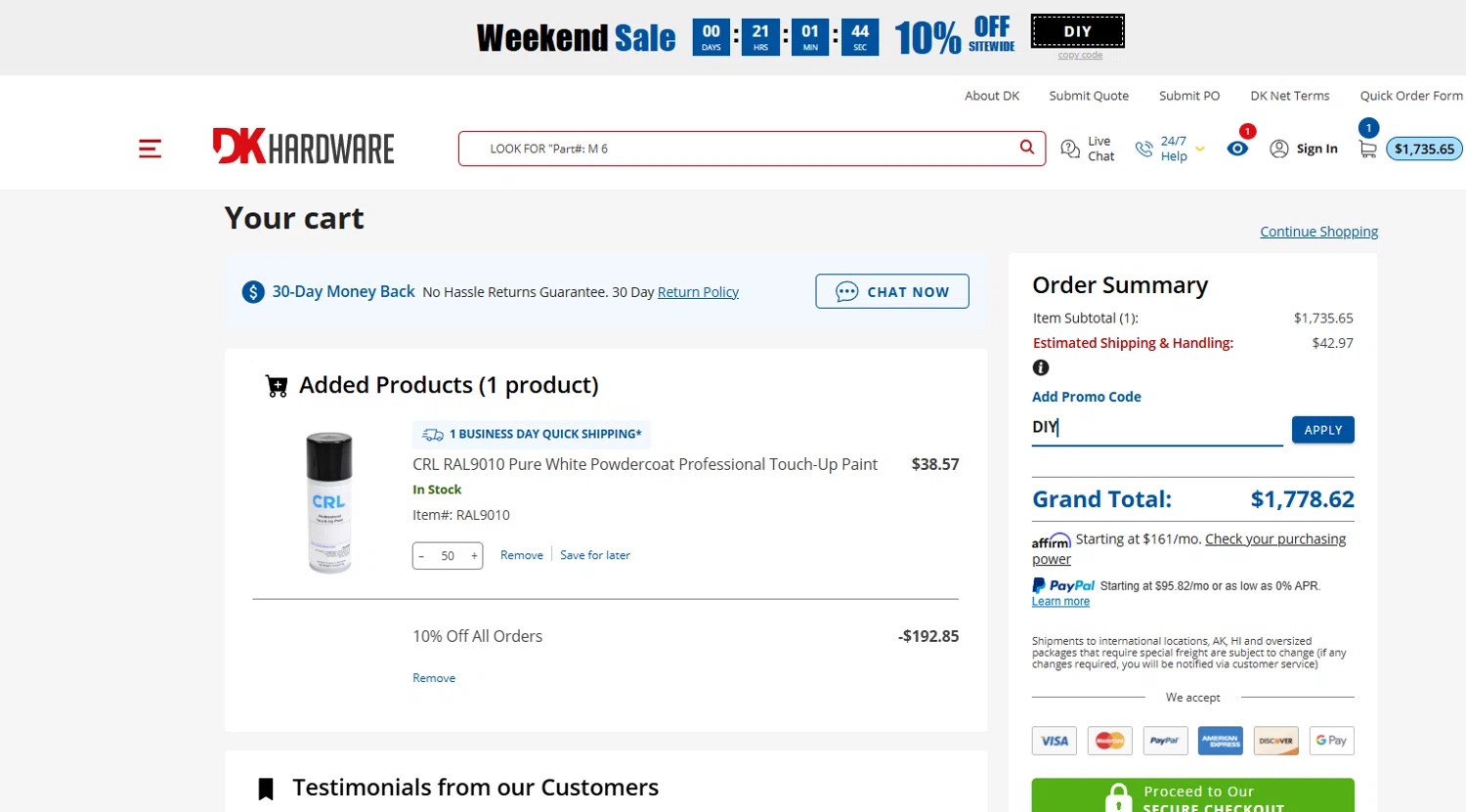 DK Hardware Supply promo code screenshot showing code DIY applied at DK Hardware Supply checkout page. Uploaded by SimplyCodes community member DORIANGEL on Dec 21, 2025