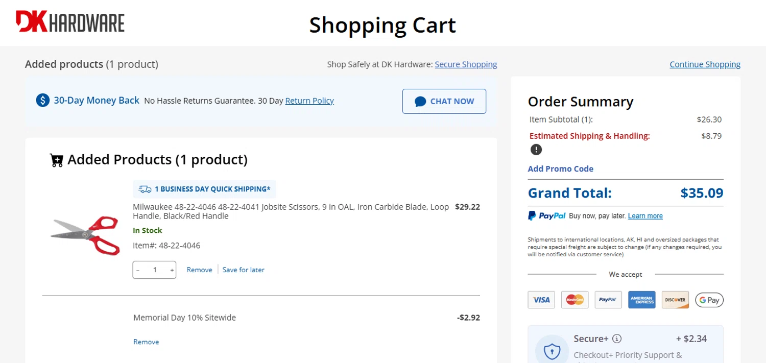 DK Hardware Supply promo code screenshot showing code MEMORIALDAY applied at DK Hardware Supply checkout page. Uploaded by SimplyCodes community member juanisaac on May 27, 2026