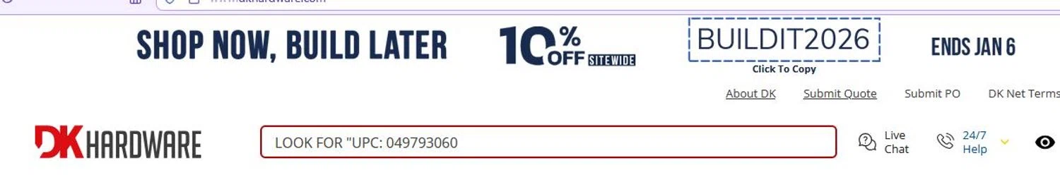DK Hardware Supply promo code screenshot showing code BUILDIT2026 applied at DK Hardware Supply checkout page. Uploaded by SimplyCodes community member stygian1 on Dec 26, 2025