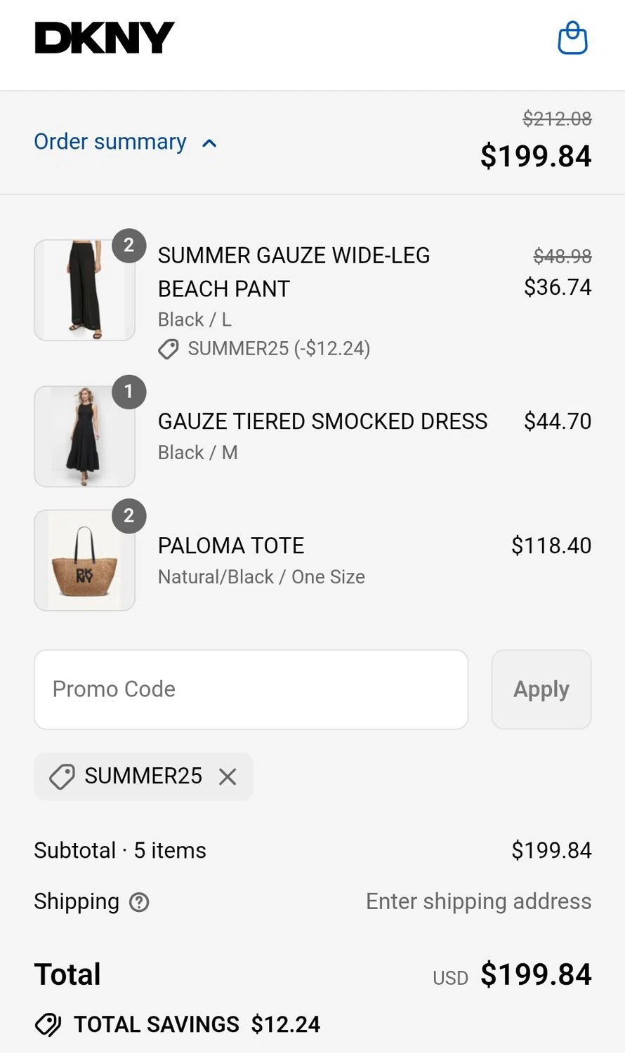DKNY promo code screenshot showing code SUMMER25 applied at DKNY checkout page. Uploaded by SimplyCodes community member ArgyArgy on Aug 17, 2025
