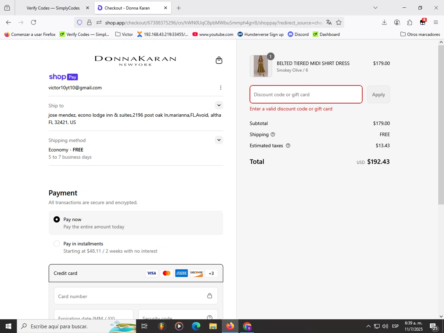 DKNY promo code screenshot showing code SUMMER25 applied at DKNY checkout page. Uploaded by SimplyCodes community member Garou_Y2K on Jul 11, 2025