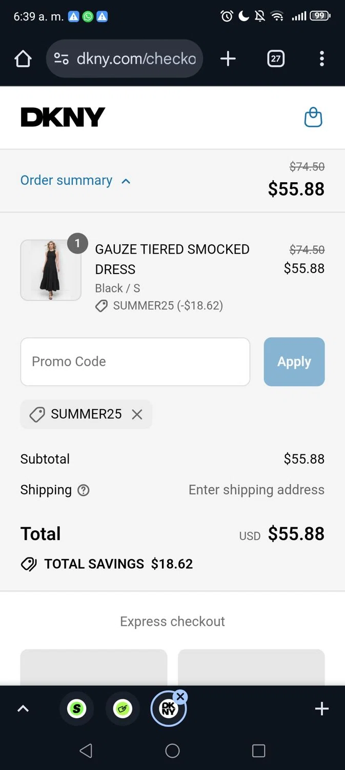 DKNY promo code screenshot showing code SUMMER25 applied at DKNY checkout page. Uploaded by SimplyCodes community member George09 on Jul 11, 2025