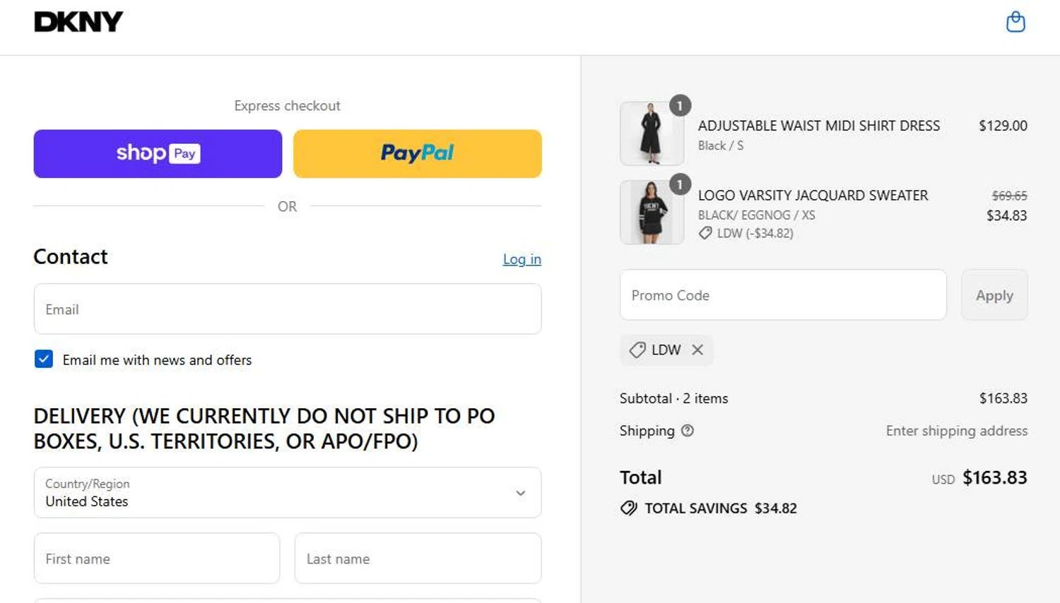 DKNY promo code screenshot showing code LDW applied at DKNY checkout page. Uploaded by SimplyCodes community member 6d796e616d656973 on Aug 20, 2025