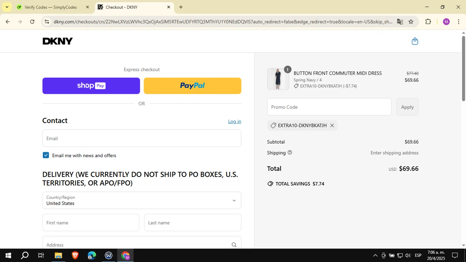 DKNY promo code screenshot showing code EXTRA10-DKNYBKATJH applied at DKNY checkout page. Uploaded by SimplyCodes community member NobleSeeker3177 on Apr 20, 2025