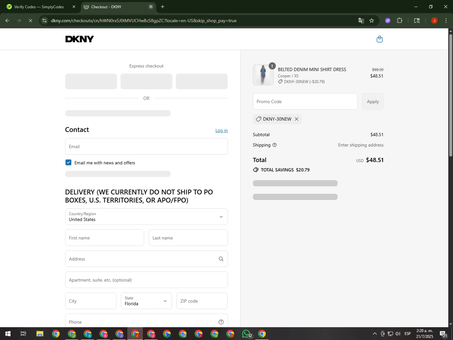 DKNY promo code screenshot showing code DKNY-30NEW applied at DKNY checkout page. Uploaded by SimplyCodes community member KimDokja on Jul 21, 2025