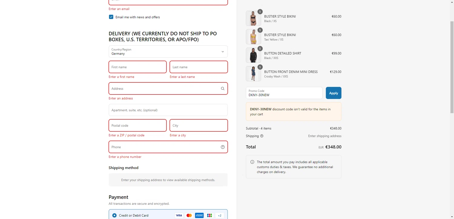 DKNY promo code screenshot showing code DKNY-30NEW applied at DKNY checkout page. Uploaded by SimplyCodes community member ValiantAce1810 on Jul 21, 2025