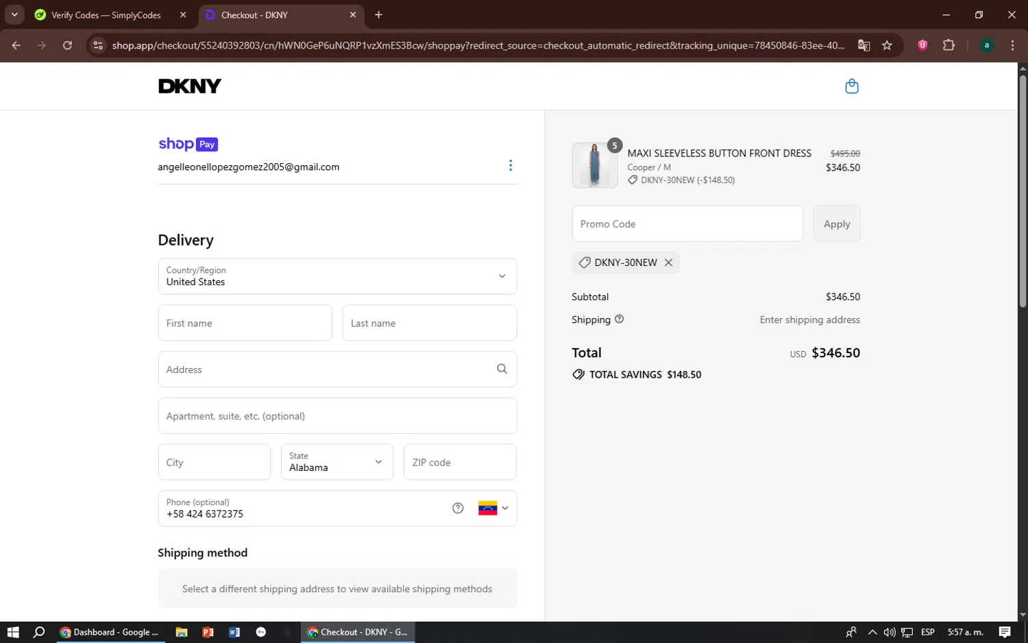 DKNY promo code screenshot showing code DKNY-30NEW applied at DKNY checkout page. Uploaded by SimplyCodes community member zizu55 on Jul 5, 2025