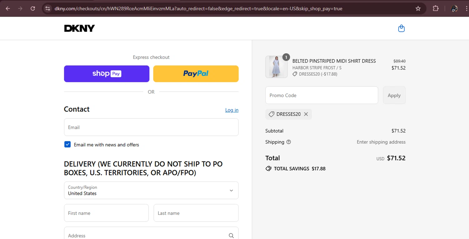 DKNY promo code screenshot showing code DRESSES20 applied at DKNY checkout page. Uploaded by SimplyCodes community member MagnificentAdmiral9096 on Aug 23, 2025