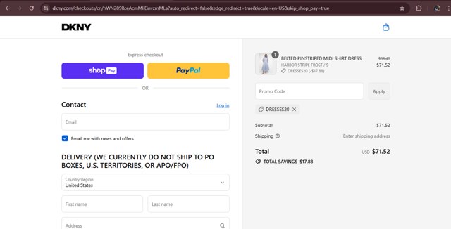DKNY checkout page showing DKNY promo code box | Screenshot taken by SimplyCodes community member on Aug 23, 2025