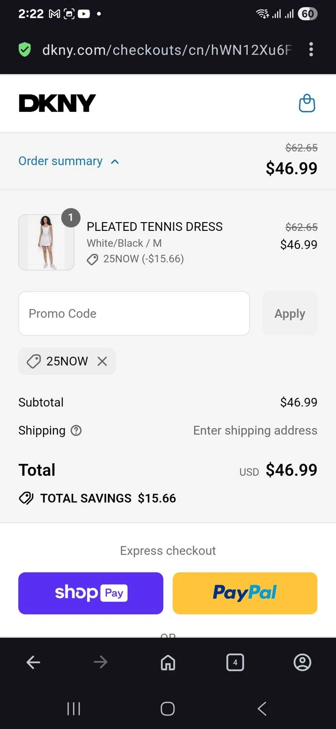 DKNY promo code screenshot showing code 25NOW applied at DKNY checkout page. Uploaded by SimplyCodes community member vida5254427716958 on Jul 25, 2025