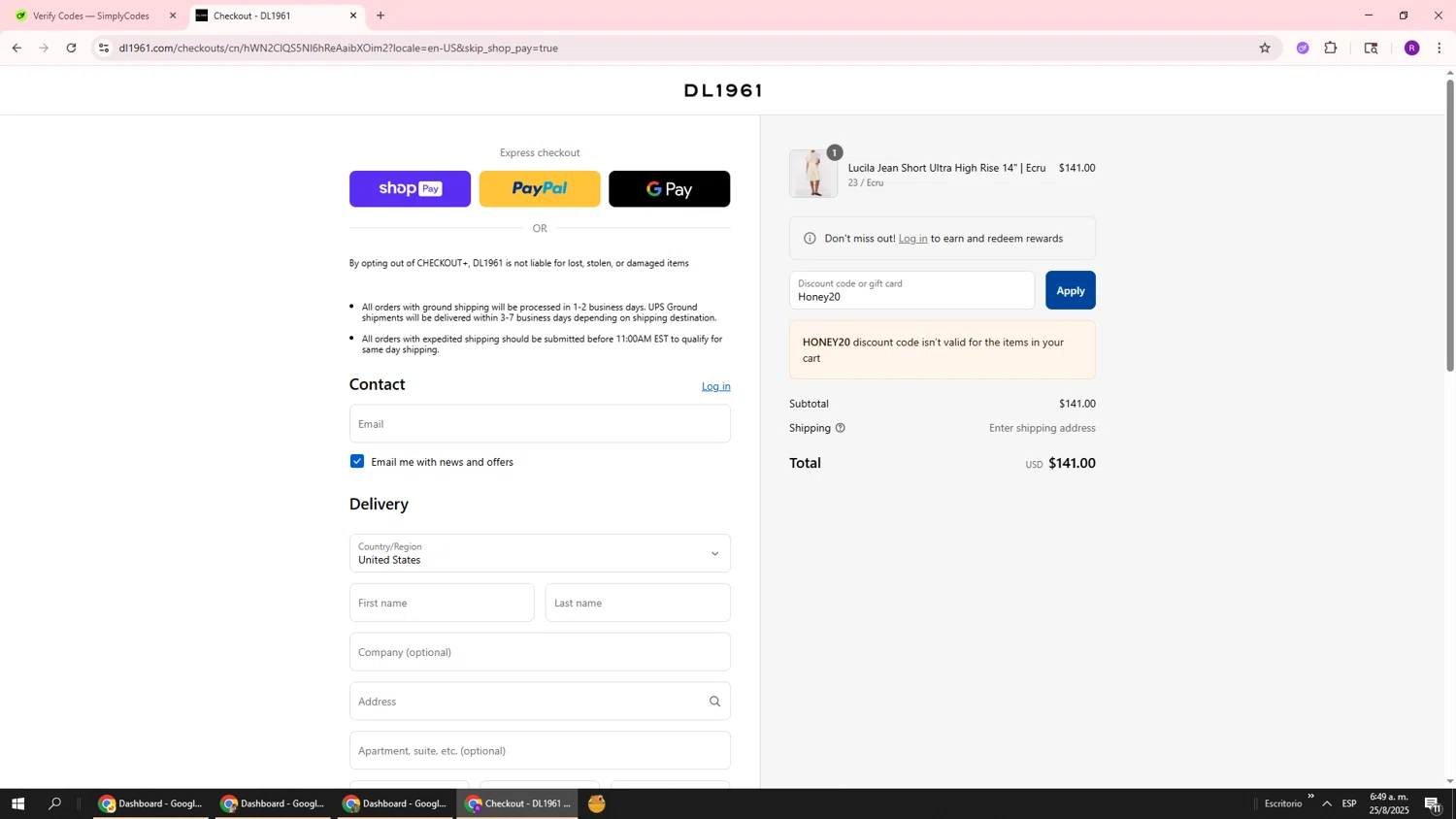 DL1961 coupon code screenshot showing code Honey20 applied at DL1961 checkout page. Uploaded by SimplyCodes community member ukemochi on Aug 25, 2025