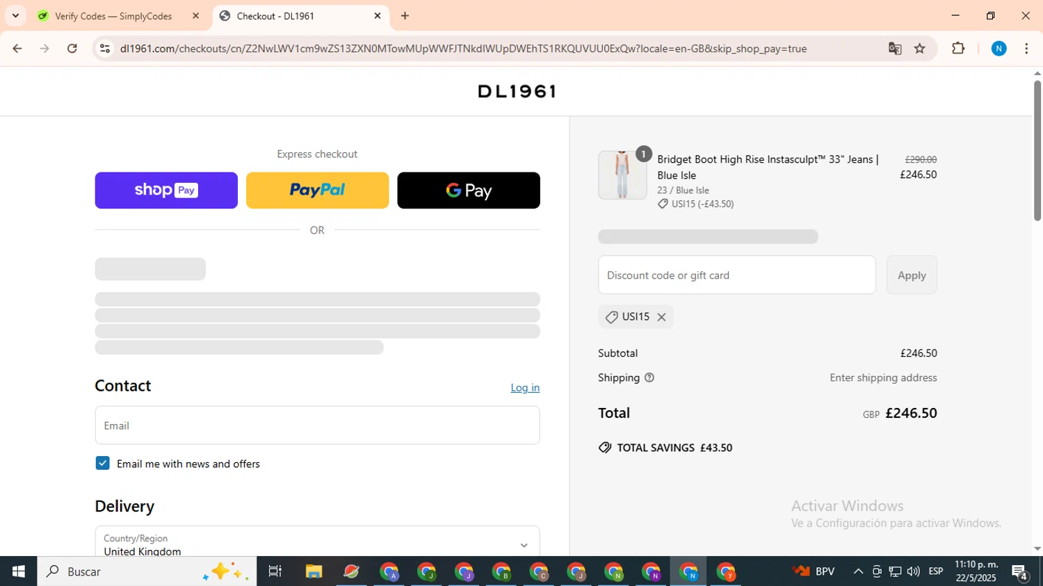 DL1961 coupon code screenshot showing code USI15 applied at DL1961 checkout page. Uploaded by SimplyCodes community member CoinHawk678 on May 23, 2025