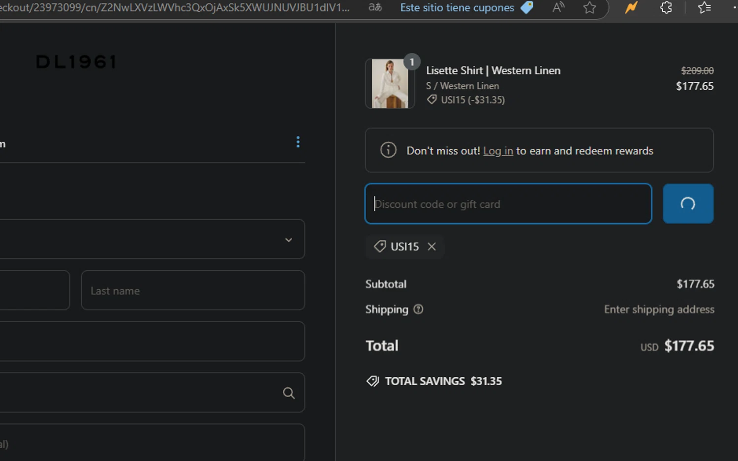 DL1961 coupon code screenshot showing code USI15 applied at DL1961 checkout page. Uploaded by SimplyCodes community member jaimitoalcachofa on Mar 9, 2025